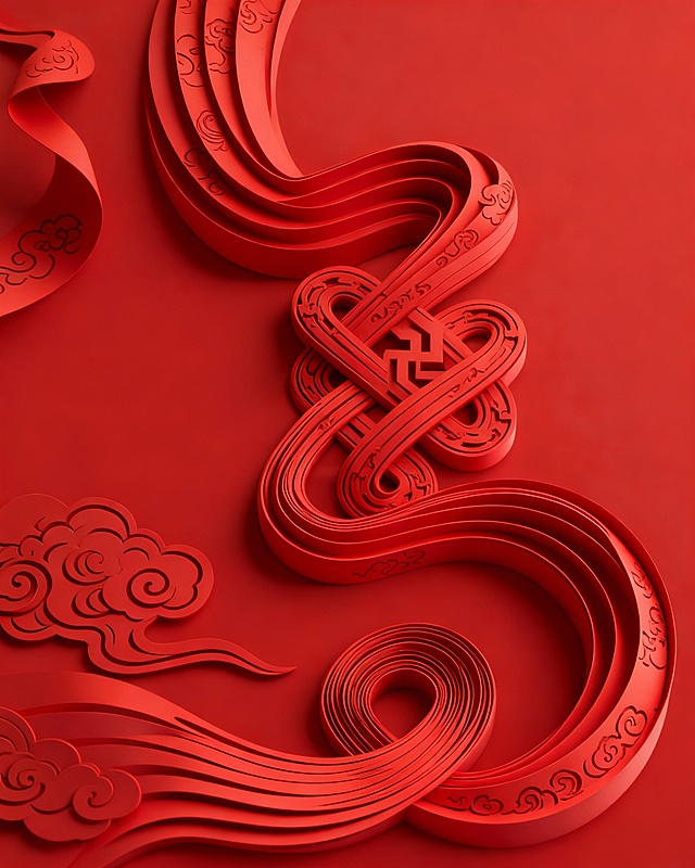 参照以上图片的主题内涵与符号学，并生成以下描述的图片：中国传统红色中国结，采用3D立体剪纸艺术风格，主体为多层叠加的红色缎带编织而成，呈现出复杂而对称的吉祥结造型，每个结体交织处形成"卍"字符纹样，象征吉祥万德，缎带表面有暗纹雕刻的祥云图案，左侧和下方的飘逸缎带形成如意形状，整体象征吉祥如意、团圆美满的传统文化内涵，红色代表喜庆与吉祥，立体结构象征生生不息的生命力。