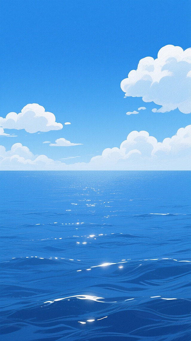 极简主义风格的大海主题插画，画面下方是平静深邃的蔚蓝色海面，波光粼粼，有轻微的波纹和阳光反射的亮点，海平线清晰地将海面与天空分隔开，天空占据画面上方大部分区域，呈现由深到浅渐变的纯净蓝色，几朵形态蓬松、边缘柔和的白色积云散布在天空中，整体色调清新明快，光影柔和，营造出宁静、开阔、自由的氛围，具有高度的视觉简洁性和现代设计感。