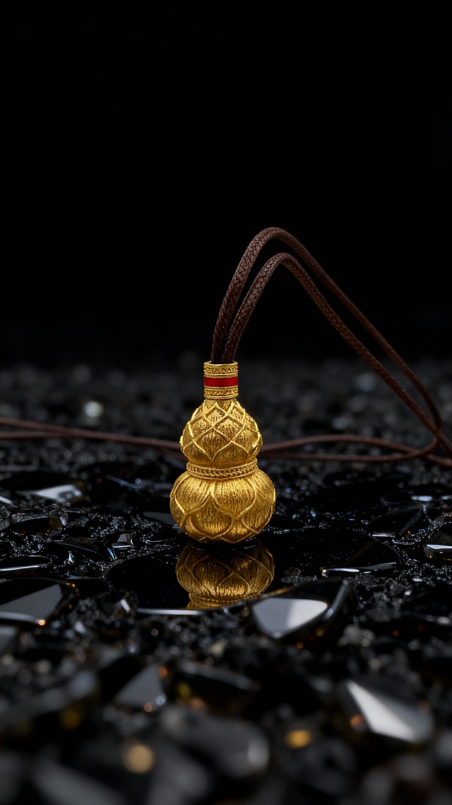 图中黄金饰品形状细节不变，换一个背景，天降黑曜石镜面平铺，背景换成黑色生成高级摄影质感图片