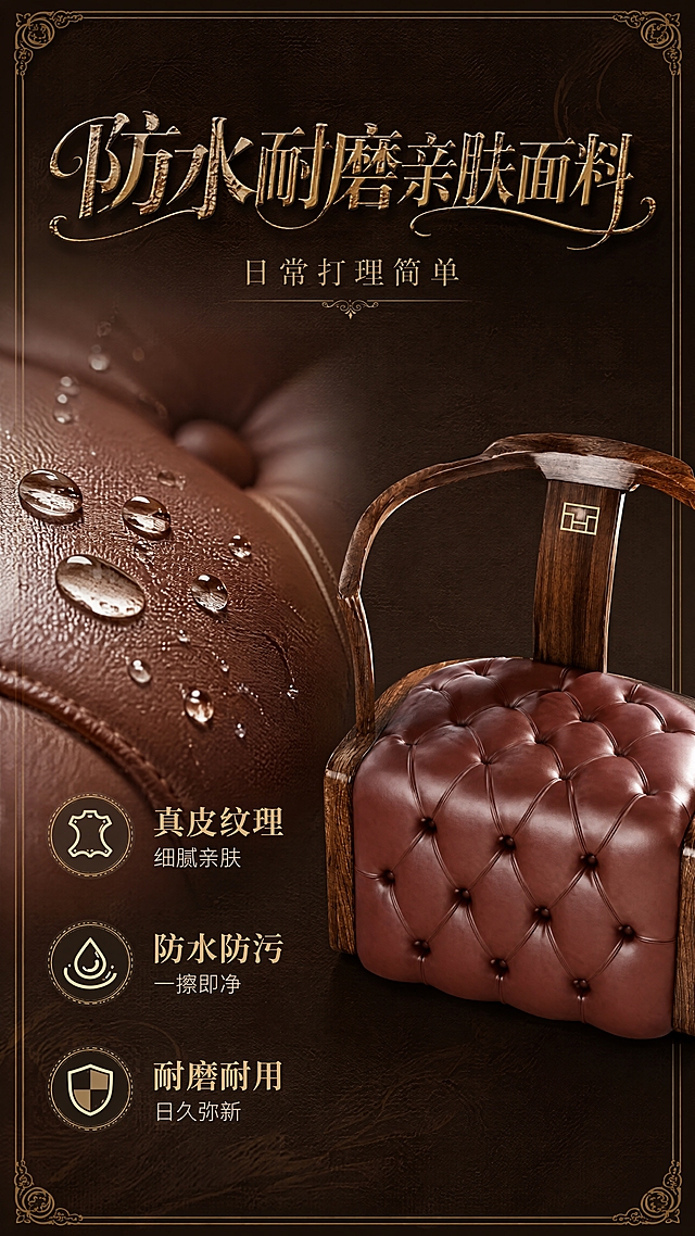 [第4张] 详情页面料展示-防水耐磨亲肤真皮面料细节。本张使用【图1】作为商品主体。
[氛围/风格] 奢华高级面料展示，真皮质感特写，精致商业摄影风格。
[元素布局] 单人椅置于画面右侧，占比约50%，侧面角度展示真皮面料；左侧放大展示真皮面料纹理特写区域（水滴滚落效果表现防水性）；背景为深咖色质感底，搭配金色装饰边框与皮革纹理暗纹；椅子结构、比例、颜色、拉扣工艺与输入产品图一致。
[光影质感] 侧光勾勒真皮纹理，高光突出皮革细腻光泽与水滴晶莹感，明暗层次丰富，尽显奢华质感。
[配色色系] 全局底色 #2E1F14 深咖色；主色深棕真皮色；辅助色金色、透明水滴色、米白色。
[视角构图] 平视角度，产品在右，面料特写给在左，阅读动线左上标题 → 左侧面料特写 → 右侧产品全貌。
[文字版式] 顶部主标题「防水耐磨亲肤面料」用艺术花体字，带皮革纹理质感效果；副标题「日常打理简单」用优雅字体；左侧特写区标注「真皮纹理 细腻亲肤」「防水防污 一擦即净」「耐磨耐用 日久弥新」三条卖点，每条配小图标；文字采用金色与米白色搭配，装饰性强。
[比例分辨率] 9:16竖版比例，4K分辨率，文字清晰可辨，高清画质。
[负向提示词] 人物，变形，水印，文字错乱，文字过小，缺件错件，结构错误，颜色偏差，产品图模糊，内部结构展示。