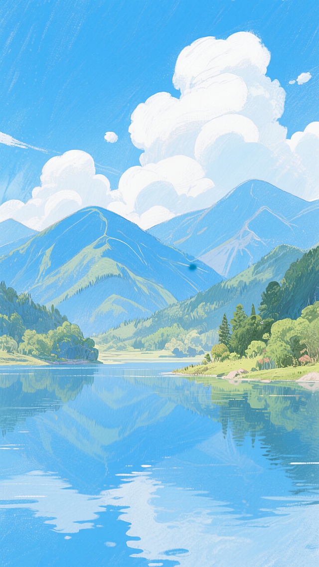 清新水彩插画风，湖光山色映蓝天，自然宁静。