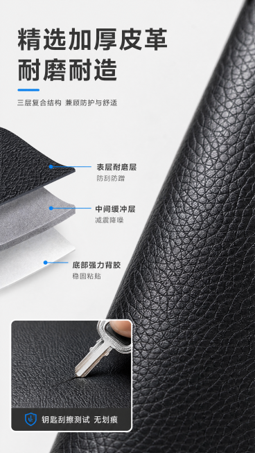 [第4屏] 材质解析-优质皮革材质耐磨防刮技术原理。[氛围/风格] 专业理性材质解析风格，微距细节展示，突出皮革纹理质感，商业摄影微距质感。[元素布局] 本屏使用【图1】中的皮革纹理局部作为主体，画面预览效果