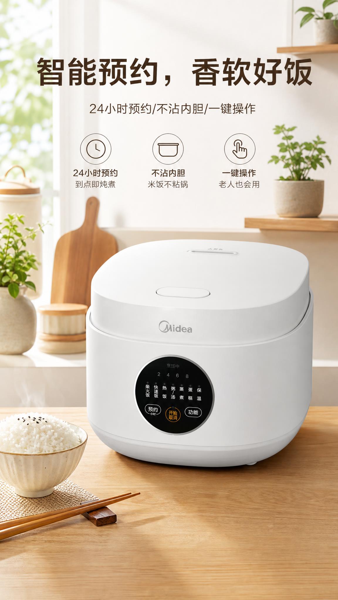 现代简约风格电饭煲电商海报，主色调白色和浅木色，温馨家庭氛围。… - 图片创意预览