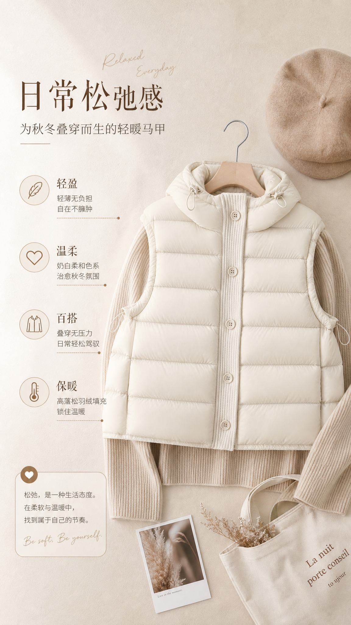 [商品] 使用【图1】奶白色连帽羽绒马甲；商品处理：保留连帽抽… - 图片创意预览