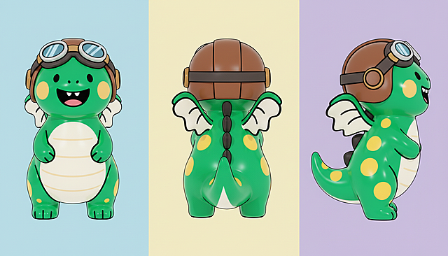 生成画作的3D潮玩风格的三视图，需要包含正面/背面/侧面视角，纯色背景