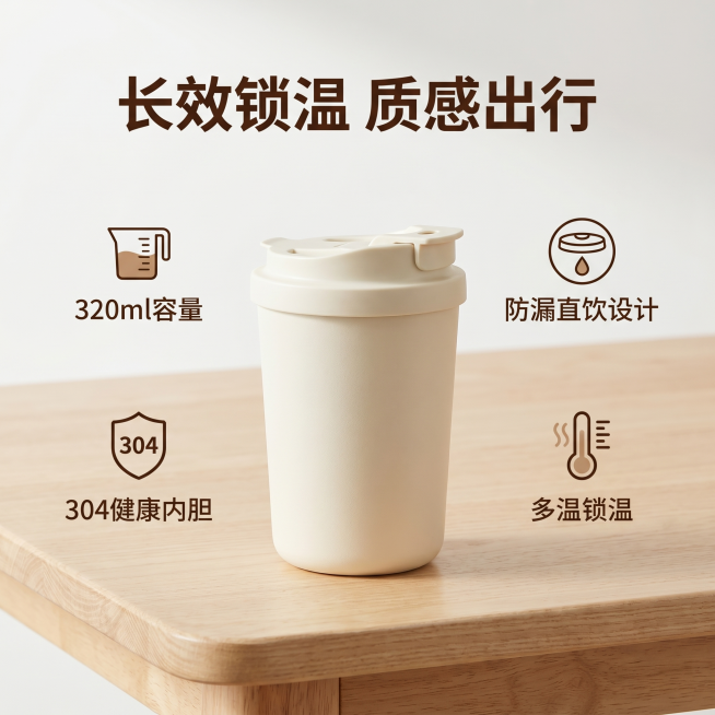 [主图-2] mini随身咖啡杯核心卖点展示图。
[氛围风格] 简约实用品质感
[画质] 商业摄影质感、光线柔和通透、产品清晰真实、画面干净高级
[元素] 奶白色咖啡杯放置在浅原木桌面上居中展示，周围预览效果