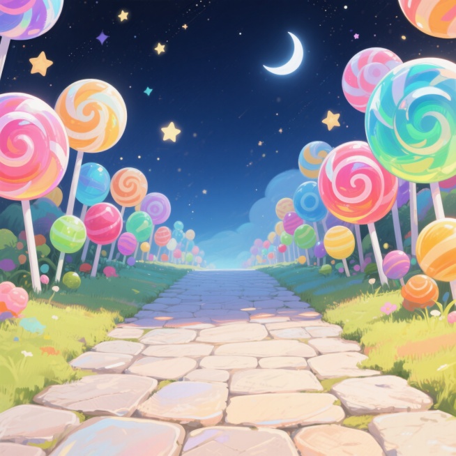卡通游戏场景，前方是一个宽阔的石路地面，后方围绕着彩色的糖果，背景是深邃的夜晚天空点缀着星星和月亮，整体画面整洁清爽，色彩鲜明，充满童趣预览效果