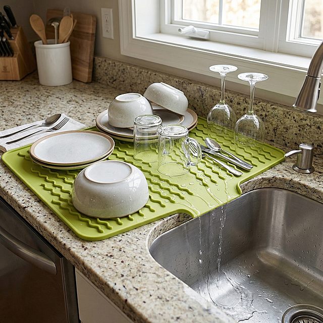 A realistic lifestyle photo showing a large draining mat placed tightly beside a kitchen sink, with the center notch opening facing the sink, holding multiple washed kitchen items including plates, bowls, mugs, wine glasses, and cutlery, water draining efficiently along the raised ripple grooves back into the sink, practical family kitchen use, spacious countertop scene, modern American home, bright soft daylight, premium clean styling, highly realistic and functional feeling, 1:1 square format, no text, no logo, no watermark, modern American kitchen, clean countertop, natural daylight, premium home lifestyle photography, realistic product texture, soft shadows, warm and cozy atmosphere, minimal elegant styling, practical home use feeling, high-end e-commerce product photography, ultra detailed, realistic water droplets, 1:1 square format, no text, no logo, no watermark, rectangular draining mat with rounded corners, a center notch opening on one side facing directly toward the sink, placed tightly against the sink edge so water can drain back into the sink, raised wavy grooves across the surface
