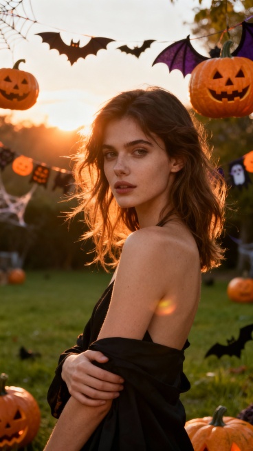 欧美帅气模特，万圣节氛围，万圣节潮流装饰，露出手臂，万圣节元素点缀背景，户外，草地，夕阳，微风预览效果