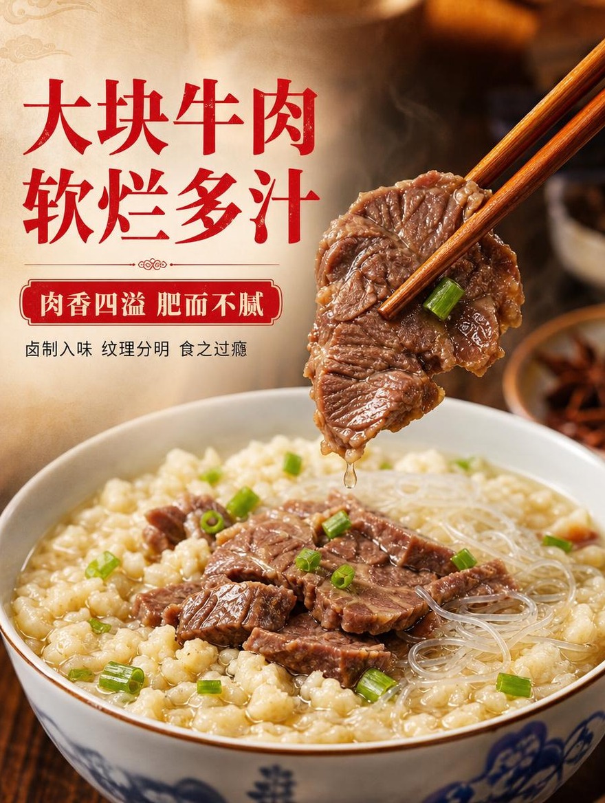 国风陕味美食摄影，暖调醇厚。 木筷挑起一块酱牛肉片，置于碗口上… - 图片创意预览