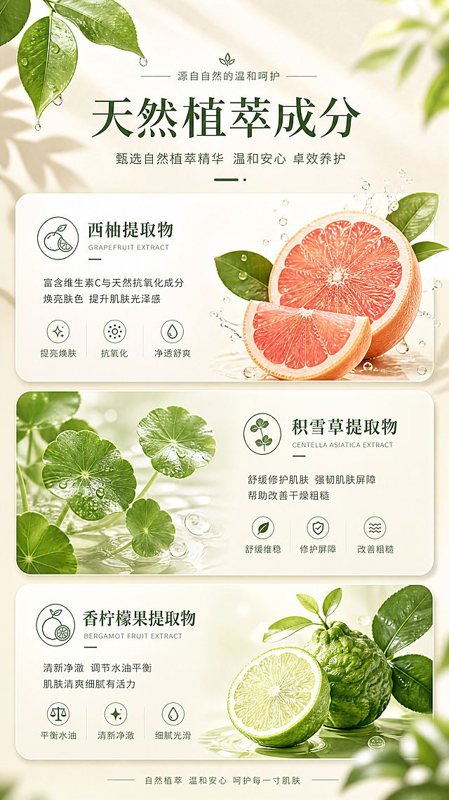 「图片1」，，生成一套详情页，商品名称为魔术师系列:系列产品有洗发露/沐浴蜜/护发素/身体乳，成分采用:葡萄柚提取物,积雪草提取物,香柠檬果提取物天然植萃。香氛采用:浅柚花茶；前调是葡萄柚的鲜冽酸甜与橙花的清透净爽碰撞，果香明亮多汁，花香空灵雅致，瞬间解锁清新感；中调柚子花的温润甜香渐显，裹挟着黑醋栗与浆果的馥郁果味，层次饱满又不失灵动，还原浅柚花茶的纯粹本味；后调麝香的柔滑暖意融合雪松的沉稳木质香，余韵绵长柔和，收尾干净又治愈。设计背景可用绿色+米黄色，从主视觉，成分，香感（加上洗护场景，或闻香效果），每个产品卖点介绍（产品不用放很大，加上人物洗护场景），「图片1」最后放上产品正背面信息，适配淘宝/天猫 平台，单图比例为9:16，需求屏数为8张。