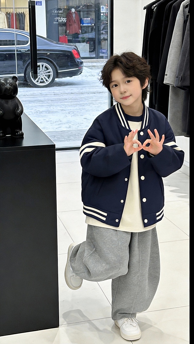 把图1的衣服和裤子给图的2的人物穿上，保留原场景光影，保持图2的人物的五官和发型不变，图片宽高尺寸不变，背景不变，鞋子变为白色运动鞋，人物姿势不变，保持图1的衣服和裤子的款式和颜色不变