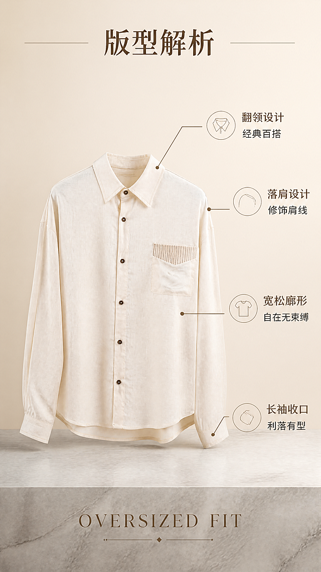 [第3张] 版型解析页-米杏色肌理衬衫廓形展示。本张使用【图1】作为商品主体。
[氛围/风格] 极简高级感，产品解析风，干净利落，商业摄影质感。
[元素布局] 衬衫正面全貌居中偏左，占比约50%；右侧和下方分布版型标注引线；背景为浅卡其色渐变背景，底部有浅灰色大理石台面承托；衬衫保持米杏色、落肩设计、宽松版型、长袖、翻领、条纹口袋、棕色纽扣等所有结构与原图一致。
[光影质感] 左右双侧柔光，正面均匀受光，衣身有自然褶皱阴影，立体感强，肌理纹理清晰。
[配色色系] 全局底色 #EDE4D3（浅卡其）；主色米杏；辅助色深棕、奶白；点缀色金棕。
[视角构图] 正面微侧视，产品居中，引线从关键部位引出，阅读动线清晰。
[文字版式] 标题版式为顶部居中细线标题。顶部主标题「版型解析」，衬线字体深棕色，两侧有细横线装饰；从衬衫引出四条标注线：①肩线处「落肩设计 修饰肩线」②衣身处「宽松廓形 自在无束缚」③袖口处「长袖收口 利落有型」④领口处「翻领设计 经典百搭」；标注文字为无衬线体，配小图标；底部有「OVERSIZED FIT」英文装饰。
[比例分辨率] 9:16 竖版比例，4K分辨率，文字清晰可辨，高清画质。
[负向提示词] 衬衫变形，比例失调，颜色偏差，水印，文字错乱，产品图模糊，缺件错件。
