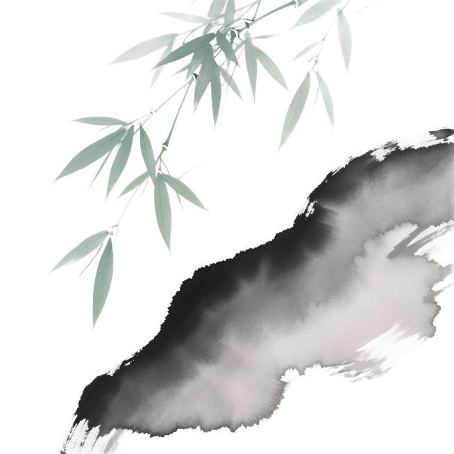 水墨风格竹叶，上方飘逸的竹枝垂下几片浅绿竹叶，白色背景预览效果