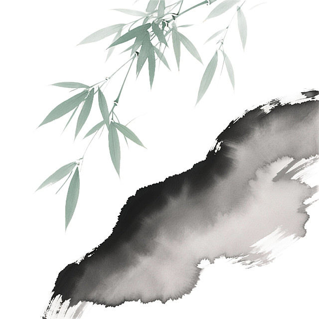 水墨风格竹叶，上方飘逸的竹枝垂下几片浅绿竹叶，白色背景