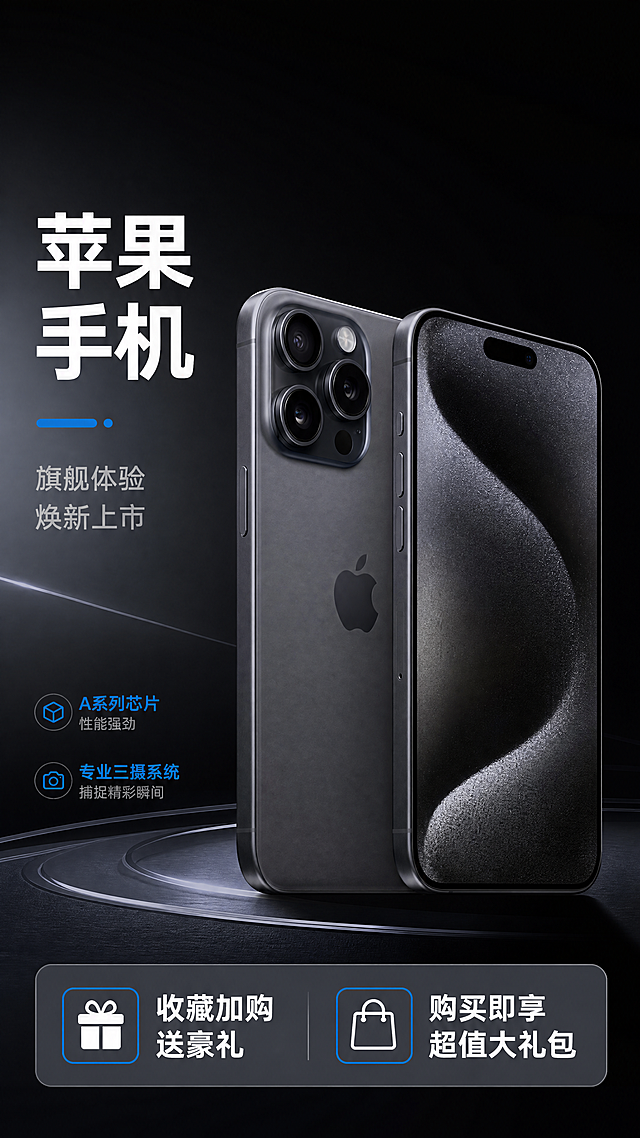 [第1屏] 苹果手机详情页头图主视觉，展示商品全貌并突出促销活动"收藏加购送豪礼 购买享大礼包"。本屏使用【图1】作为商品主体，保持手机外观结构、三摄模组、深空灰色配色与输入产品图一致。
[氛围/风格] 高级科技质感，深色渐变背景，极简商务风格，商业摄影超高清质感。
[元素布局] 苹果手机放置在画面中偏右侧，占据画面约65%主体区域，保持手机直边框、三摄模组、灵动岛、苹果Logo的结构和材质质感与原图一致。左侧预留文字区域，背景为深灰渐变带微弱科技发光线条装饰，底部用浅灰色信息条承载促销文案，整体干净利落有层次感。
[光影质感] 左侧主光源打亮手机机身，突出金属边框和磨砂背板的质感，右侧保留自然阴影，整体明暗层次清晰，产品边缘锐利真实。
[配色色系] 全局底色：#121212（深黑）；主体配色：#2A2A2F（机身深空灰）+#FFFFFF（标题白）；辅助色：#0071E3（苹果蓝点缀）。
[视角构图] 正面45度斜侧视角，产品居中偏右，左侧文字区域，底部信息条，构图稳定透气，符合移动端竖屏阅读动线。
[文字版式] 左侧竖排排版，主标题"苹果手机"黑色加粗大字号，副标题"旗舰体验 焕新上市"灰色中号字，底部信息条写"收藏加购 送豪礼""购买即享 超值大礼包"白色文字配蓝色底框，文字不遮挡手机主体，层级清晰可读。
[比例分辨率] 9:16竖版比例，4K分辨率，文字清晰可辨，超高清。
[负向提示词] 手机变形，摄像头错位，颜色偏差，水印，文字错乱，产品模糊，背景杂乱，诱导按钮，极限词。