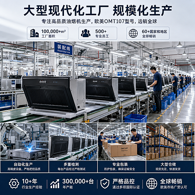 油烟机工厂整体生产场景，大规模生产欧美OMT107抽油烟机，展示工厂实力，商品详情页使用