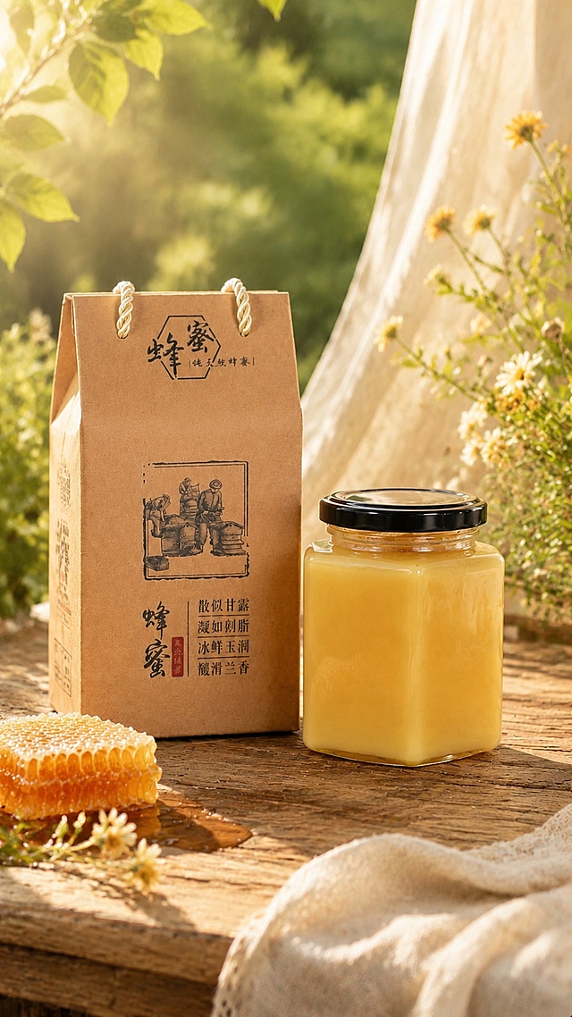 蜂蜜和包装礼盒，严格参照上传图1产品，完整保留所有可见组件、部件、轮廓形状、结构、比例、材质质感、颜色与上传图完全一致，去除手臂，保留所有包装文字信息。
户外休闲露营风木质桌面场景，暖金色田园自然光色调。
产品与蜂巢块组合展示，参考图2为风格参考，保留参考图整体场景骨架。
侧逆光暖金色晨光，还原参考图光影氛围，产品受光面泛起暖金色光晕、暗部与边缘映射浅绿树荫的柔和阴影，与环境物理融合。
产品偏左中景位置，黄金分割构图，微风纱帘自然动态。
相对参考图偏转20度微侧视角。
全量换款清单：①承载桌面：参考图深色实木砧板 → 生成图浅棕色老松木桌面，保持实木材质；②前景织物：参考图格纹棉麻布 → 生成图米白色棉麻餐布，保持棉麻材质；③前景蜂巢：参考图两块切割蜂巢 → 生成图保留一块天然蜂巢，同食品类换摆放位置；④背景装饰：参考图第二袋蜂蜜包装 + 小黄花 + 编织篮 → 生成图浅米色棉麻纱帘 + 绿色鲜枝叶 + 浅黄小野花，保持自然氛围元素；⑤背景绿植：参考图虚化树荫 → 生成图保留虚化暖绿色树荫，换枝叶排布。
消除参考图多余品牌文字，保留产品本体原有文字不变。
4K 分辨率，严格锁定宽高比为9:16。