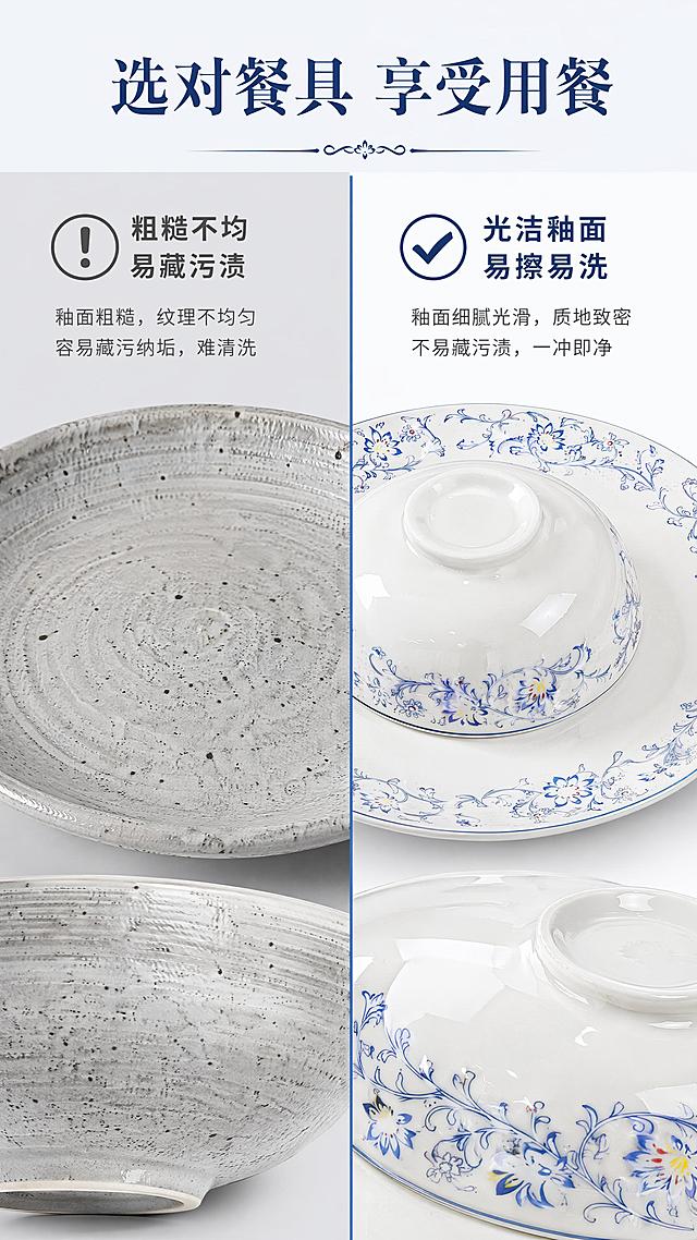 [第2屏] 痛点对比页，对比普通粗糙餐具与本款青花陶瓷餐具的差异。左半屏展示传统餐具痛点，右半屏展示本款餐具优势。
[氛围/风格] 清晰对比版式，干净素雅，商业设计感，不夸张不恶心。
[元素布局] 左右分栏对比布局，左栏展示粗糙餐具纹理不均问题，右栏使用【图8】展示本款餐具细腻光洁釉面，保持青花纹理、瓷质颜色与原图一致；每栏配有图标和短标题说明。
[光影质感] 整体均匀布光，左右明暗一致，细节清晰可辨。
[配色色系] 全局底色 #F1F5F9；左栏浅灰底，右栏保持产品原色，蓝色分割线区分两栏。
[视角构图] 左右对比构图，产品细节放大展示，对比清晰直观。
[文字版式] 顶部主标题「选对餐具 享受用餐」，左栏短标题「粗糙不均 易藏污渍」配感叹号图标，右栏短标题「光洁釉面 易擦易洗」配对勾图标；文字分区排布，不遮挡产品主体。
[比例分辨率] 9:16竖版比例，4K分辨率，文字清晰可辨，高清画质。
[负向提示词] 产品变形，颜色失真，文字混乱，对比模糊，水印。