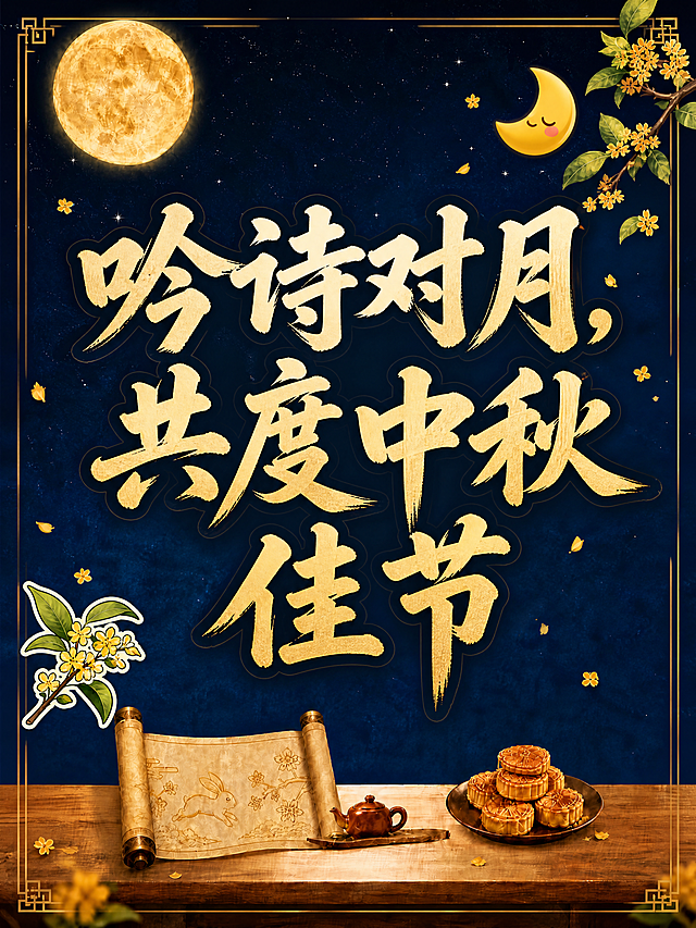 小红书笔记大字封面，配图大字，中秋节日主题国风风格，版式精美，小红书笔记封面质感，适合信息流点击。主标题必须完整呈现且为画面视觉中心，逐字锁定：「吟诗对月，共度中秋佳节」。主标题字号占画面约 55% 视觉权重，清晰可读，不得增删改字。背景：采用用户【图1】中秋月夜场景图全屏铺底，画面上方深蓝星空与满月、右上角桂花枝、下方木桌卷轴月饼茶壶等元素完整保留，整体氛围静谧雅致。标题排版：主标题使用扁平粗黑体/国风手写体，白色或暖金色字体，加轻微深色描边与半透明深色底框衬底，确保在深蓝夜空背景上强对比一眼可读；标题位于画面中上部偏中心位置，避开下方桌面物体区域。装饰：右上角点缀 1 个小月亮 emoji 贴纸，左下角点缀 1 个桂花小贴纸，不与主标题逐字混排；另加细金线装饰框与少量飘落桂花花瓣点缀，位置克制不抢主标题。整体氛围：中秋佳节、诗意赏月、国风雅致、温馨团圆。画质：高清细腻，信息层级清晰，主标题与背景强对比，文字完整处于安全区内不可裁切，四周留安全边距。图生图：严格使用用户上传图片，【图1】= 背景底图，保留原图中秋月夜场景元素，在其上叠加封面大字与装饰。画面比例 3:4，4K。