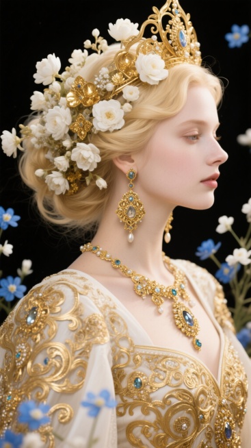 一位金发女子的侧脸，她的头发上装饰着大量精致的白色和金色花朵，头戴华丽的金色头饰，佩戴着复杂的金色耳环和项链，服饰上有繁复的金色花纹和珠宝装饰，背景为黑色，点缀着蓝色和白色的小花，整体风格华丽、精致、预览效果