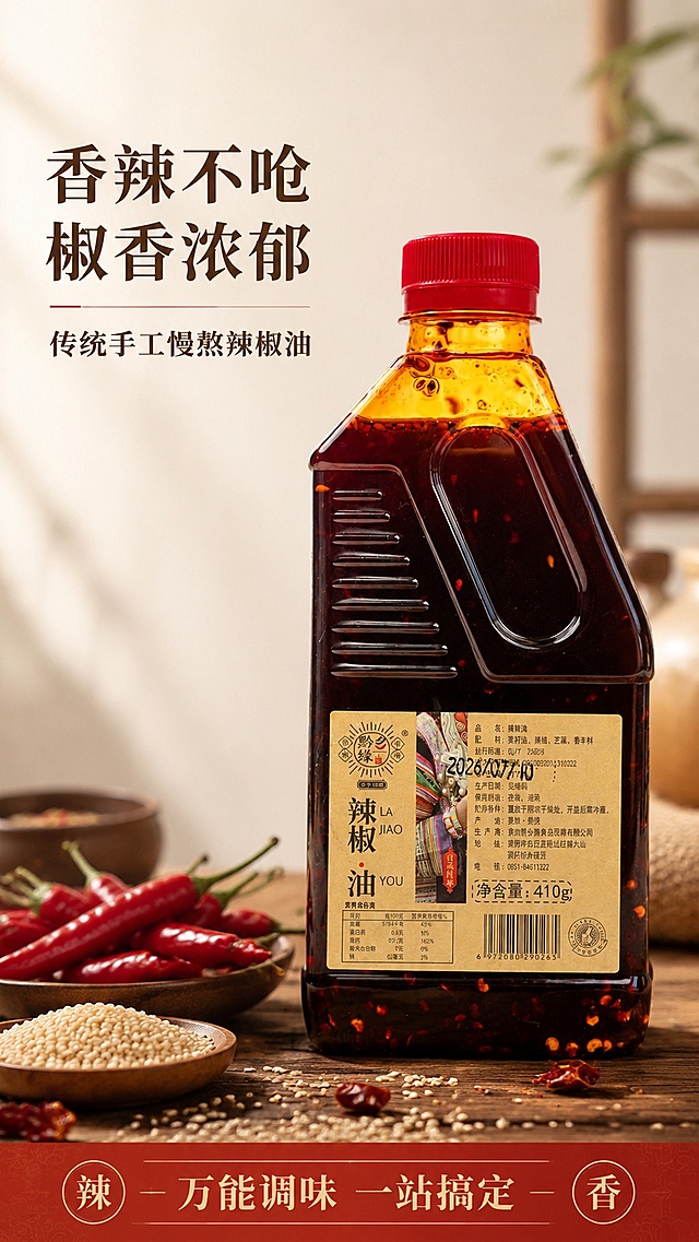 [第1屏] 详情页头图-黔乡缘辣椒油食欲宣传海报。本屏使用【图1】作为商品主体。
[氛围/风格] 家常烟火食欲风，新鲜食材烘托，浓郁川味氛围，商业摄影高清质感。
[元素布局] 产品主体置于画面右侧，占比约65%-70%；左上预留标题区域，左下角放置新鲜二荆条红辣椒和白芝麻作为前景装饰；保持商品瓶身结构、标签文字、颜色与输入产品图完全一致。
[光影质感] 左侧柔和主光，右侧补光提升瓶身通透感，辣椒和白芝麻保留自然阴影，整体画面明亮诱人。
[配色色系] 全局底色 #FFF8F0；主色深红色辣椒红；辅助色米黄背景，深棕标题文字。
[视角构图] 正面平视，产品为绝对视觉中心，阅读动线为左上标题→右侧产品→前景装饰。
[文字版式] 采用左上标题+右侧产品+底部信息条的版式。主标题「香辣不呛 椒香浓郁」，副标题「传统手工慢熬辣椒油」，均使用温润宋体，左对齐；底部标注「万能调味 一站搞定」，文字不遮挡瓶身主体。
[比例分辨率] 9:16竖版比例，4K分辨率，文字清晰可辨，高清画质。
[负向提示词] 瓶身变形，缺件错件，颜色偏差，包装文字错乱，水印，文字过小，背景杂乱