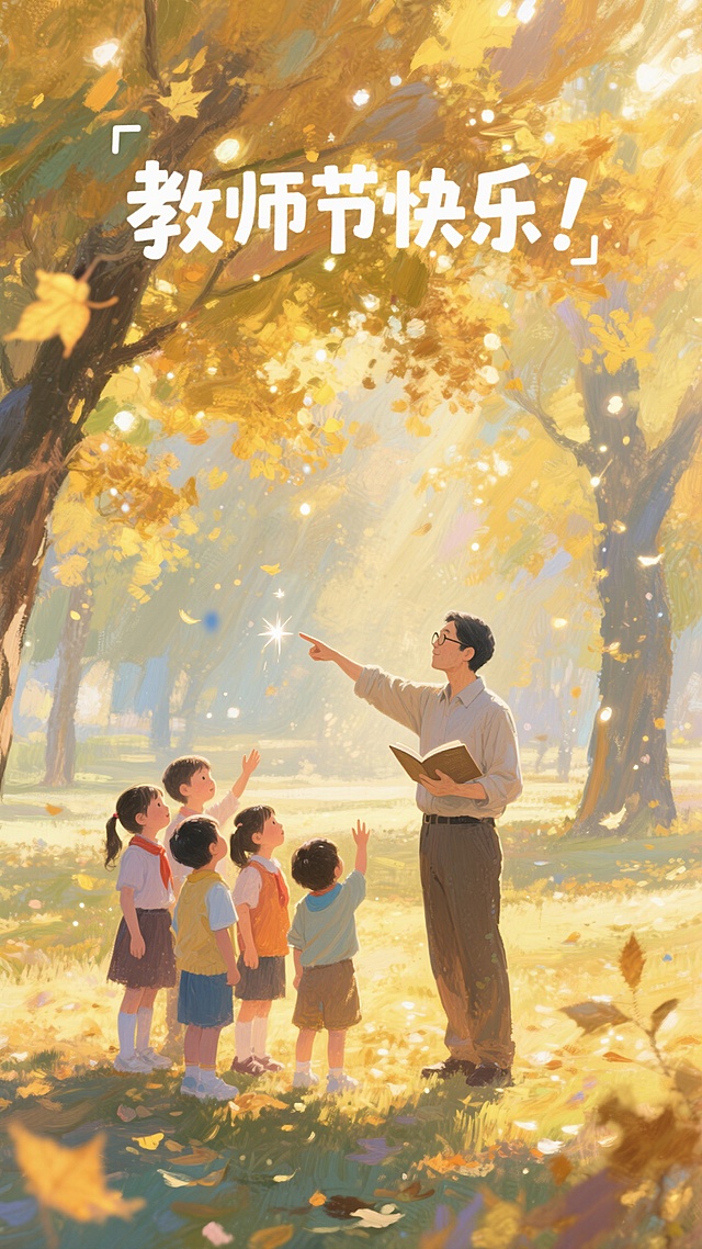油画，印象派风格，一位朴素的教师左手拿着一本书，右手指向远处的一棵树，一群不同年龄的好奇孩子围拢在一起，敬畏地抬头望去。场景在一个有着金色叶子的秋季公园。阳光透过树叶滤下，斑驳的光点洒在他们的脸和衣服上。充满惊奇和发现的氛围，教师节，鲜艳而柔和的色彩，有力的笔触。文案：教师节快乐！。文案上面位置，在画面居中，正视，画面重心居中