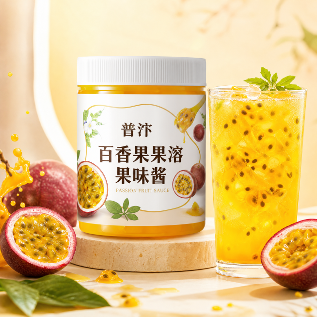 普汴百香果果溶果味酱商品主图，展示冲调出的百香果饮品效果，突出独特百香果风味，暖调清新背景，淘宝电商风格预览效果