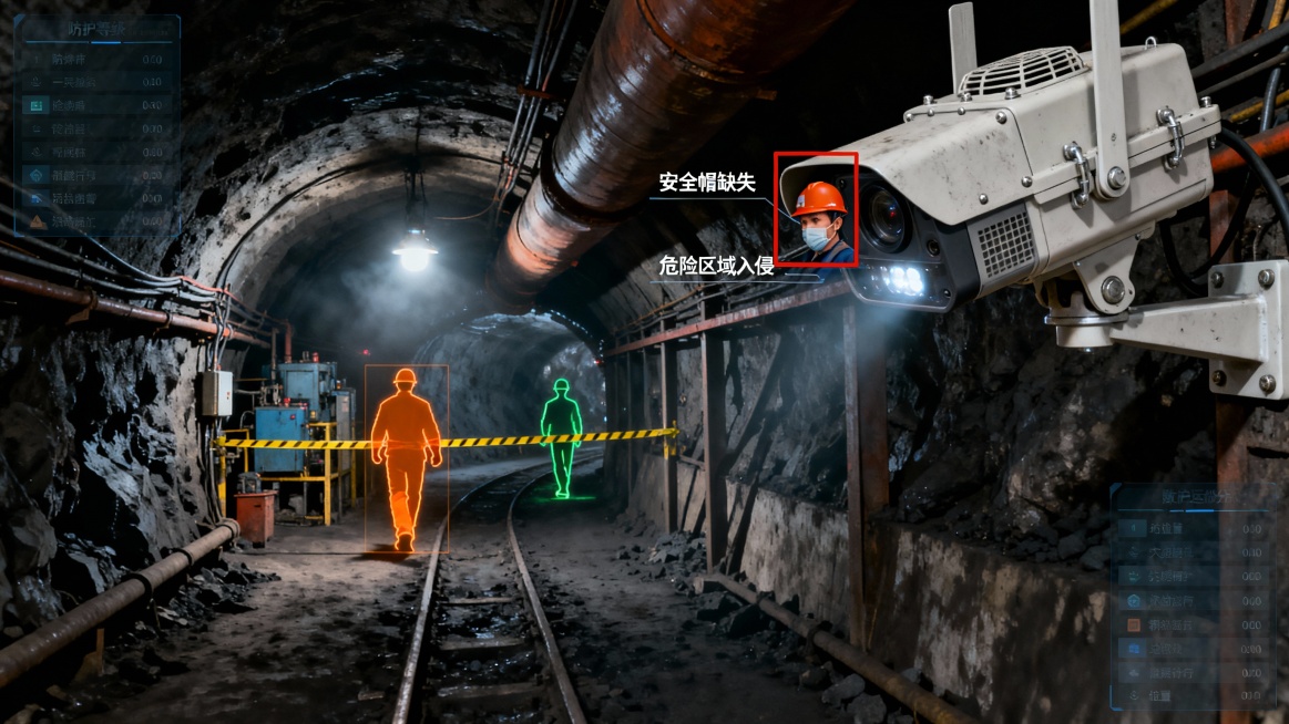 煤矿井下昏暗的主运输巷道内，粗大的通风管道和电缆悬挂在拱顶，防爆矿灯在煤尘弥漫的空气中投下有限的光晕。一台防护等级极高的防爆AI摄像机牢固地安装在侧壁钢架上，其镜头正冷静地巡视着前方的交岔路口与设备区预览效果