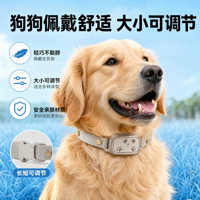 [拼多多主图3] 咖逗智能狗狗项圈佩戴展示，拼多多风格蓝色主调。背景户外草坪浅蓝调，金毛狗狗佩戴这款浅灰色智能项圈，清晰展示佩戴效果，顶部大字'狗狗佩戴舒适 大小可调节'黑色粗体。突出轻巧不勒脖的卖点预览效果