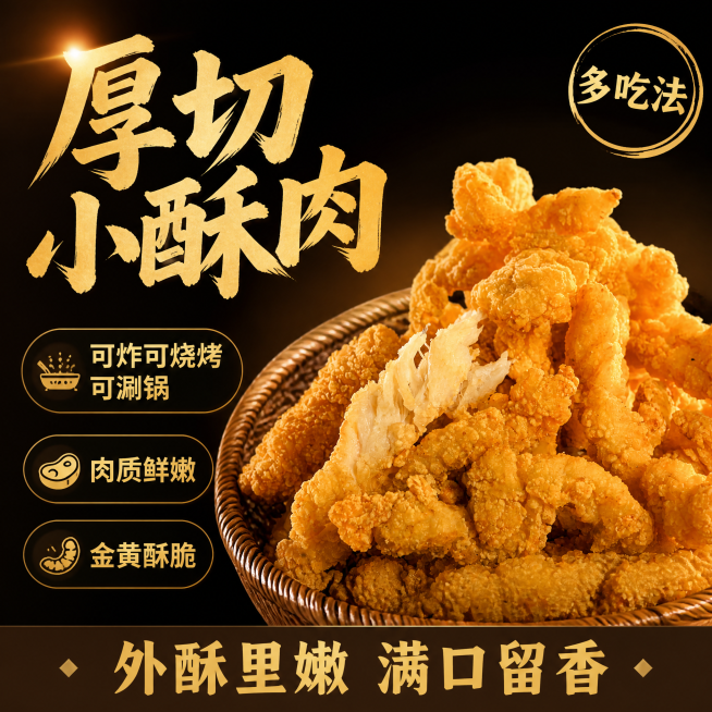 [单张主图] 商品名称：厚切小酥肉；路线判断：爆款促销感主图；主图目标：突出食欲与卖点，适配抖音内容电商风格
[画面主体] 保持厚切小酥肉外观、金黄色外皮、撕开后鲜嫩肉质颜色与输入图片绝对一致，杜绝任预览效果