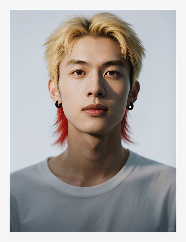 一个男生，狼尾短发，上半部分金色+下半部分嫣红色；染金色眉毛；戴黑色耳钉，穿白色T恤