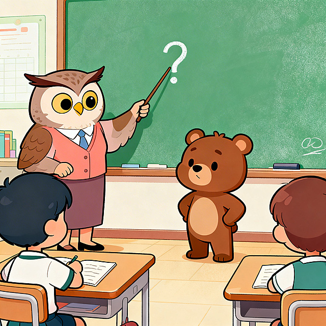 Modern flat animation style, bright soft pastel tones, with a little noise texture. Cute cartoon elementary school student characters, bright clean cartoon classroom scene, medium shot composition, highlight the main action, clean lines, high detail, no complex background, no text. The owl teacher points to a question on the blackboard, a little bear stands up and answers confidently