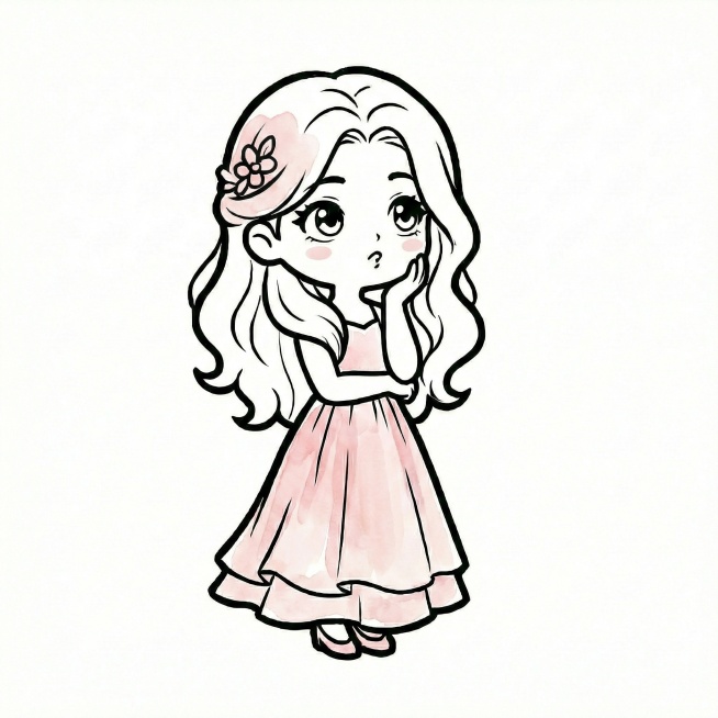 为人物的头饰添加淡粉色填充色，在脸颊处添加少量淡粉色腮红，其余部分保持不变预览效果