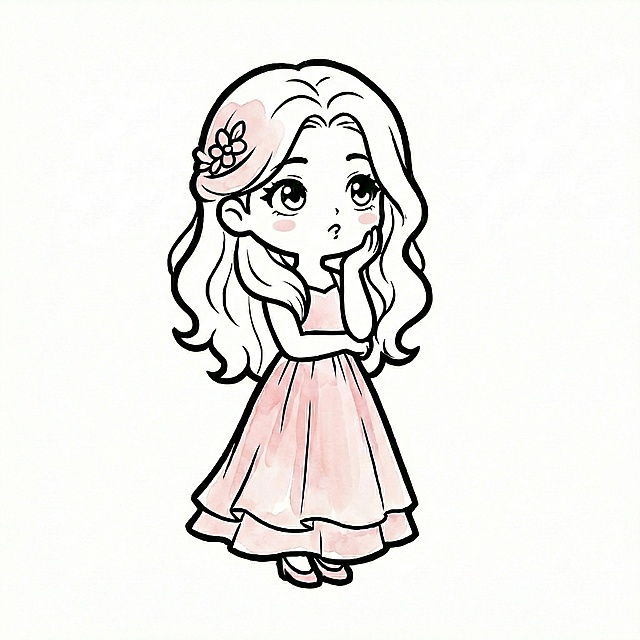 为人物的头饰添加淡粉色填充色，在脸颊处添加少量淡粉色腮红，其余部分保持不变