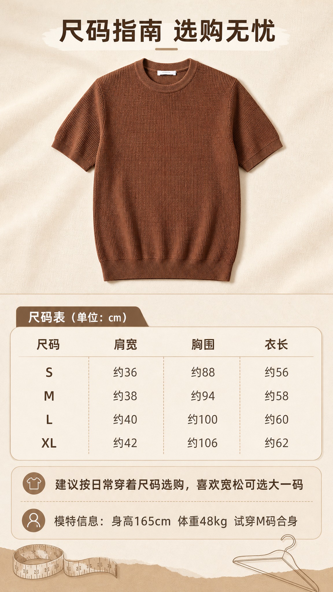 [商品] 使用【图1】焦糖棕华夫格针织圆领短袖T恤；商品处理：… - 图片创意预览