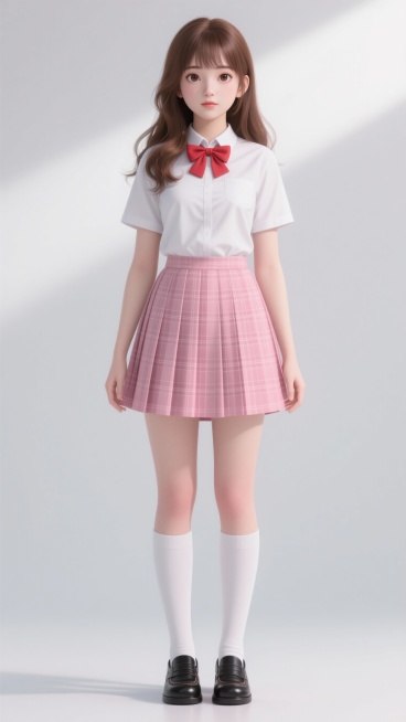 【围观女生A-全身肖像】国产动漫风格，白色背景，高中女生，年龄16-17岁，身高160cm，身材苗条匀称，站立姿势正面看向镜头，双手自然下垂，双脚并拢，无表情，面容青春可爱，大眼睛明亮有神，小巧鼻子，预览效果