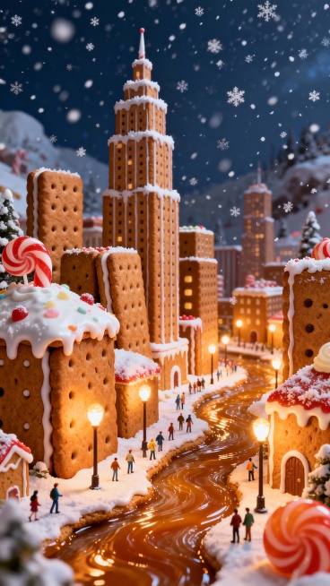微型小人生活在巨大的姜饼城市中，高耸的饼干摩天大楼，巨大的糖霜河流，超大的糖果屋顶，巨大的口香糖像街灯一样发光，温暖的焦糖灯光，糖霜雪从天空飘落，超详细的9:16构图，梦幻般的童话氛围预览效果