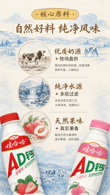 竖版乳制品详情长图，认养一头牛纯牛奶海报，复古素描版画 + 淡蓝色水彩肌理，牛皮棕 + 奶白 + 浅蓝配色，田园牧场场景，分 4 个信息板块竖向排版；画面含盒装纯牛奶插画、金色荣誉奖章、手绘黑白奶牛、预览效果