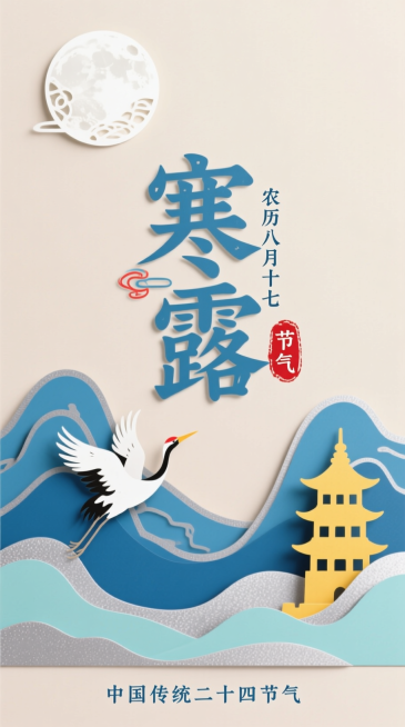 新中式剪纸风，浅杏色平整背景。上方有剪纸风格月亮；中间是剪纸镂空效果的艺术字 “寒露”，旁标小字 “农历八月十七” 与红色剪纸样式 “节气” 印章；下方是剪纸山水（靛蓝、浅青色调，带银灰色描边），有仙预览效果