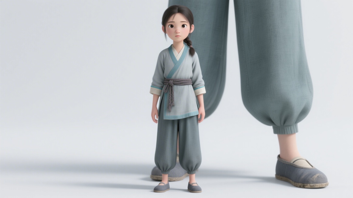 16岁少女,正面全身镜头，，清秀寡淡的长相，眉眼细长，低马尾，上衣：灰青底色（偏灰蓝，比纯灰柔和一点），杂役服，耐磨粗布，九分袖袖口 & 衣摆：缝极窄淡青蓝滚边（几乎不明显，远看还是灰）内搭：米预览效果