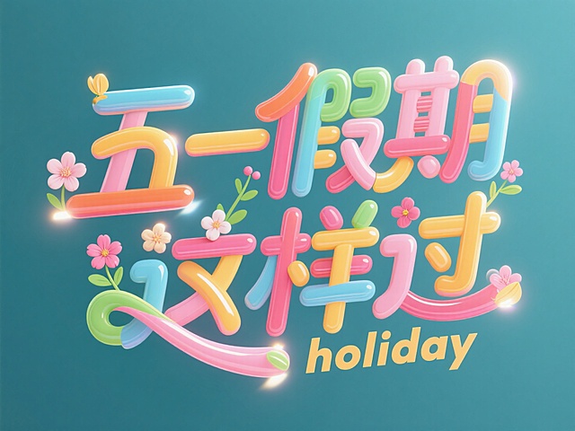 3D风大字设计，霓虹灯效果点缀，清新甜美，五一假期主题。