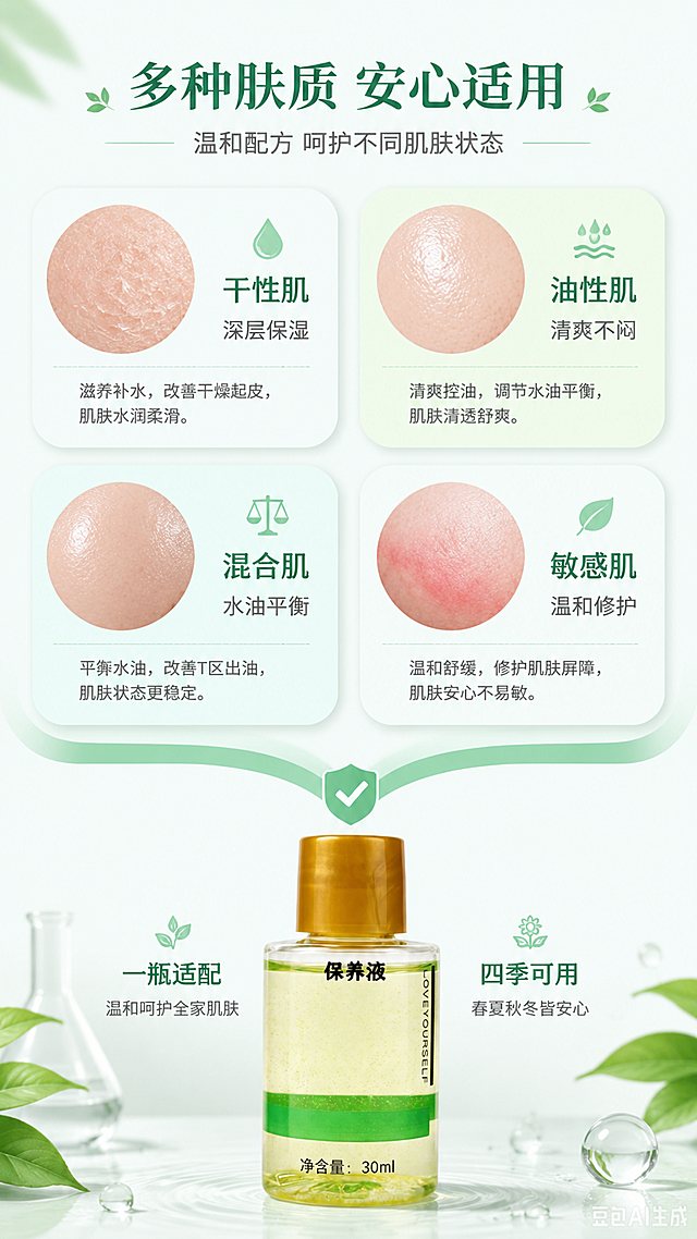 [第6张] 适用肤质页-多肤质适配说明。本张使用【图1】作为产品，置于画面底部中央。
[氛围/风格] 温和安心的护肤科普风，卡片式布局，清新专业。
[元素布局] 画面上半部分为4格肤质卡片2×2排列，每格为一种肤质的圆形肌肤纹理特写+标签，分别是干性、油性、混合性、敏感性；每格背景色略有区分但统一在绿白系；画面底部中央放置保养液瓶身，占比约25%；卡片与产品之间有一条连接带，象征全部适用。
[光影质感] 均匀柔光，卡片有轻微悬浮阴影，产品光线明亮，整体干净清爽。
[配色色系] 全局底色 #F2FAF6 浅绿白；主色薄荷绿 #8FD3B7；辅助色白色卡片、浅灰文字。
[视角构图] 上卡片下产品的网格构图，阅读动线顶部标题 → 中部4格肤质卡 → 底部产品与总结。
[文字版式] 顶部居中主标题「多种肤质 安心适用」，副标题「温和配方 呵护不同肌肤状态」；4张卡片分别标注：「干性肌 深层保湿」「油性肌 清爽不闷」「混合肌 水油平衡」「敏感肌 温和修护」，每张卡片配小图标和1句简短说明；底部产品旁配文案「一瓶适配 四季可用」。
[比例分辨率] 9:16 竖版比例，4K 分辨率，文字清晰可辨。
[负向提示词] 医疗承诺，黑金风格，水印，文字错乱，产品变形。