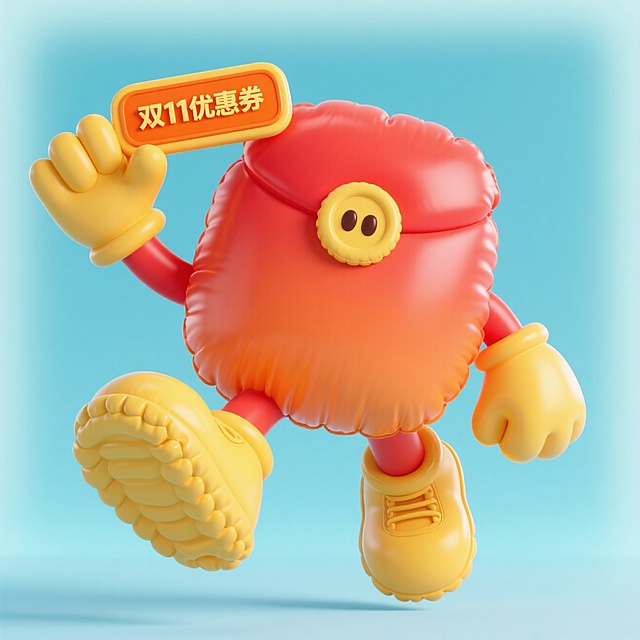 一个橙红色渐变的红包拟人卡通充气形象，它戴着黄色手套和鞋子，手举 “双 11 优惠券” 立体牌，造型活泼可爱，淡蓝色背景
