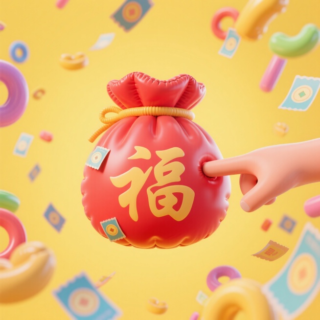 一只手从画外指向正中间的红色“福”袋侧面，周围大量环绕着彩色券，黄色背景。预览效果