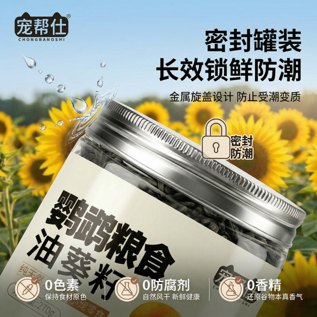 基于原图生成第3张罐装密封防潮卖点电商主图，保留产品包装所有细节不变，特写银色金属旋盖与罐身的密封衔接处，展示旋盖拧紧状态，添加「密封防潮」卡通锁形图标，旁边搭配可视化水滴被阻隔的动态效果，突出密封锁预览效果