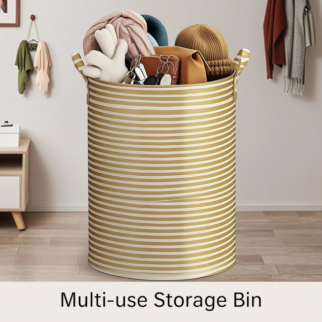The image shows a fabric foldable gold striped storage bucket placed in an American apartment entryw预览效果