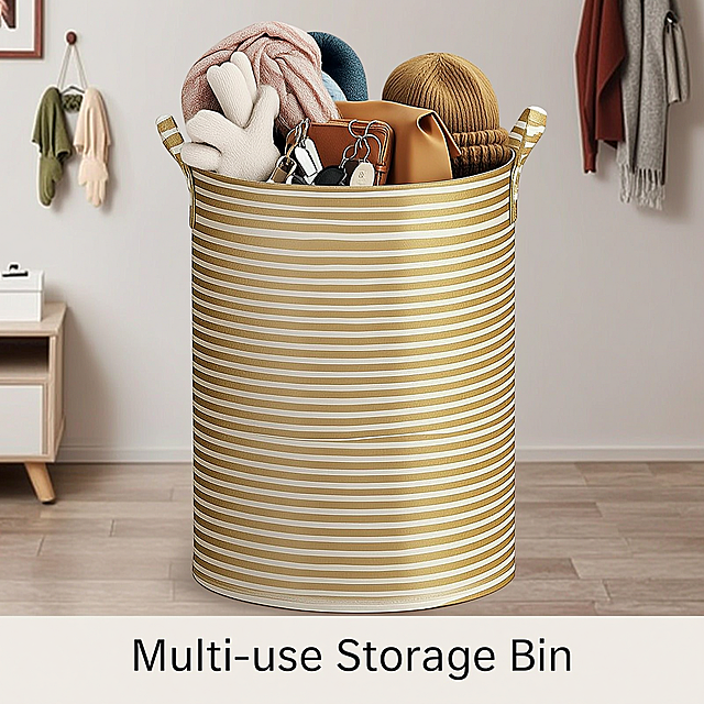 The image shows a fabric foldable gold striped storage bucket placed in an American apartment entryway, the product is the main focus, add English text "Multi-use Storage Bin" at the bottom, keep the font style consistent, 1:1 square, attractive for Shein product sales, show the product for storing accessories and daily items