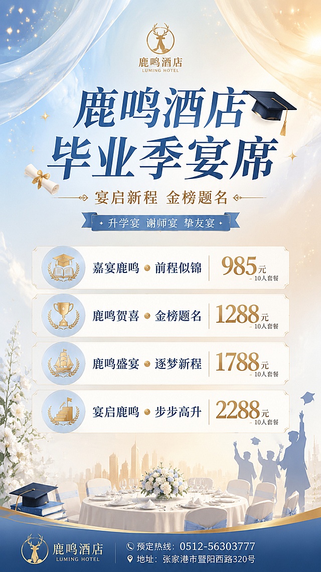 9:16竖版商业海报，鹿鸣酒店毕业季宴席宣传，清新雅致毕业季风格，整体配色清爽温暖，突出升学庆祝氛围。主标题文字"鹿鸣酒店毕业季宴席"，副标题文字"宴启新程 金榜题名"，装饰文字"升学宴 谢师宴 挚友宴"。四个套餐清晰排版："嘉宴鹿鸣 ● 前程似锦 985元10人套餐"，"鹿鸣贺喜 ● 金榜题名 1288元10人套餐"，"鹿鸣盛宴 ● 逐梦新程 1788元10人套餐"，"宴启鹿鸣 ● 步步高升 2288元10人套餐"。左下角放置"鹿鸣酒店"品牌LOGO，画面底部添加预定热线文字"预定热线：0512-56303777"和地址文字"地址：张家港市暨阳西路320号"。版式精美，分区清晰，所有文字清晰可读，整体干净简约，符合酒店宴席宣传的高级感，带有淡蓝色和浅金色渐变背景，搭配细碎星光和轻薄纱幔装饰，顶部居中放置鹿鸣酒店LOGO。