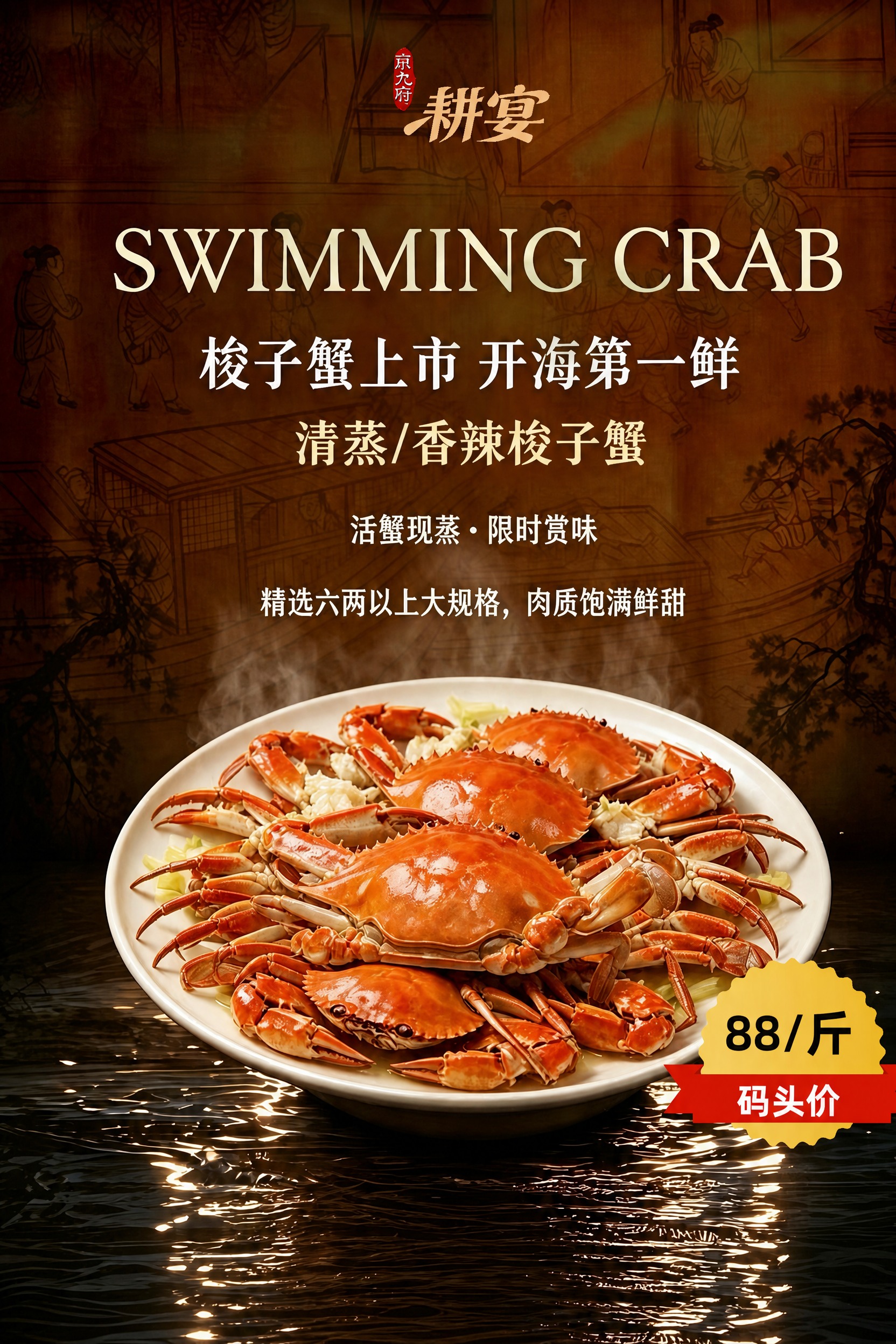 参考原图风格生成一张梭子蟹美食海报，将中间的"干蒸梭子蟹"文字… - 图片创意预览